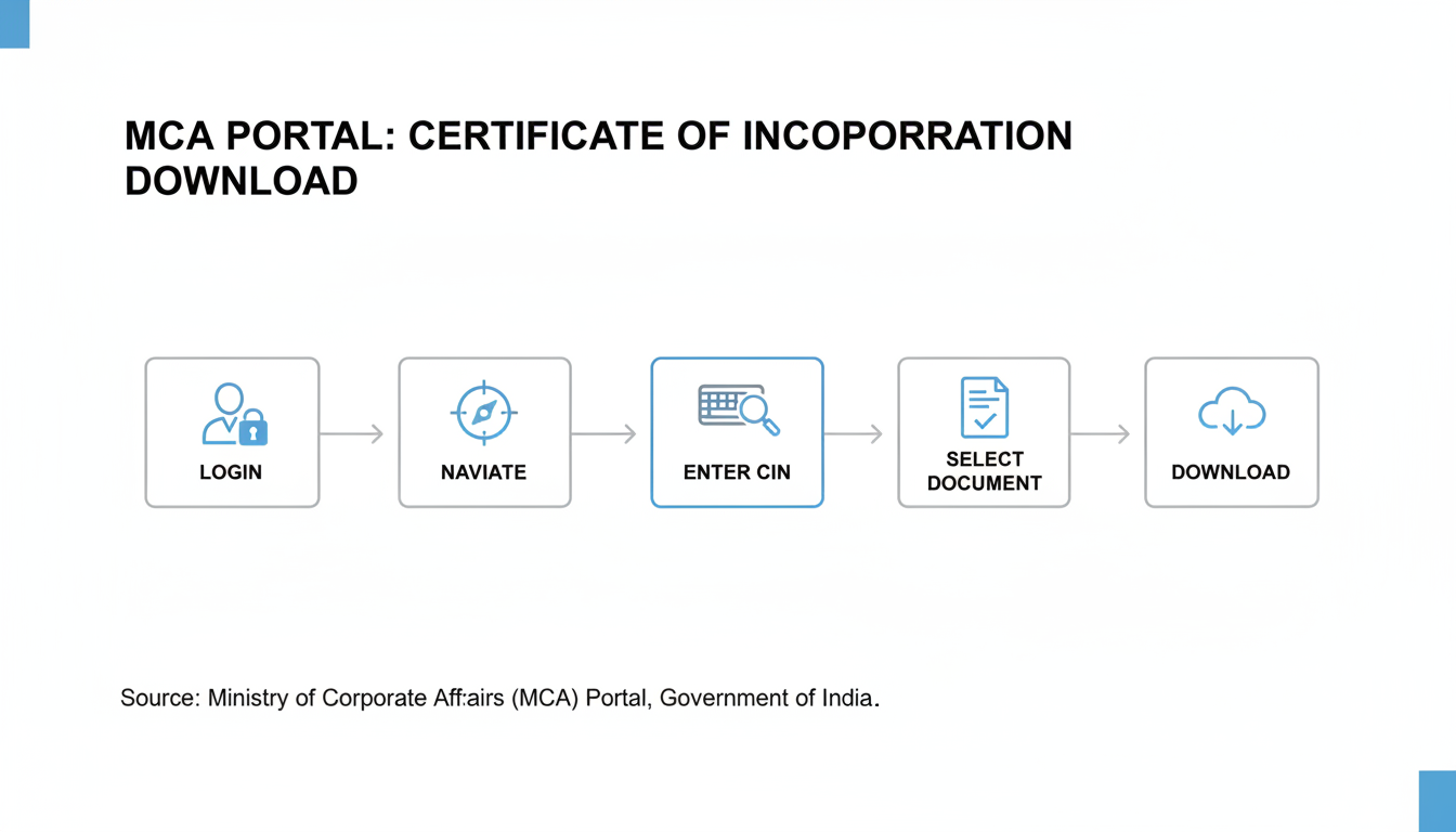 Certificate of Incorporation Download (2026): Get Your COI Online 1 Certificate of Incorporation download - Professional minimalist flowchart showing the 5-step process for downloading a Certificate of Incorporation from the MCA portal, with icons for each step: Login, Navigate, Enter CIN, Select Document, Download.