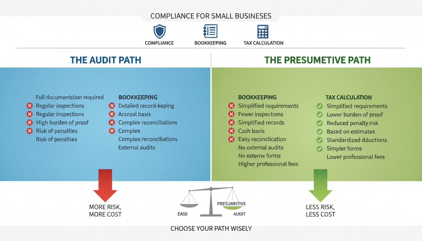 Tax Audit Limit 2026 - A high-quality graphic comparing two paths side-by-side: 'The Audit Path' vs. 'The Presumptive Path', highlighting key differences in compliance, bookkeeping, and tax calculation.