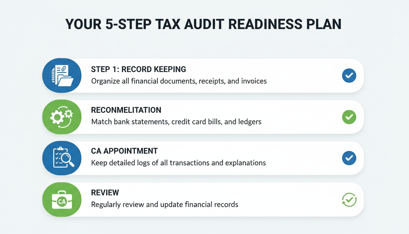 Tax Audit Limit 2026 - An infographic checklist titled 'Your 5-Step Tax Audit Readiness Plan' with icons for each step: record keeping, reconciliation, documentation, CA appointment, and review.