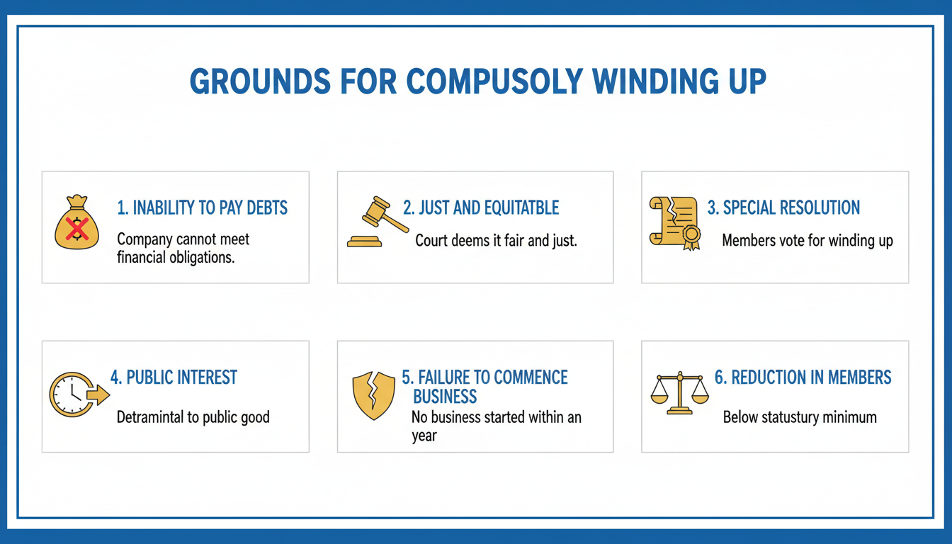 3 Modes of Winding Up a Company in India (2026 Expert Guide) 1 modes of winding up of a company - A clean, professional infographic illustrating the 6 main grounds for Compulsory Winding Up, with icons for each point (e.g., a money bag with a cross for 'Inability to Pay Debts', a gavel for 'Just and Equitable').
