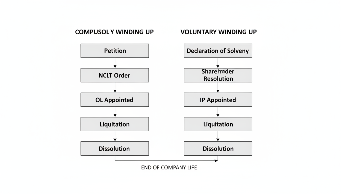 3 Modes of Winding Up a Company in India (2026 Expert Guide) 2 modes of winding up of a company - A professional minimalist flowchart showing the two parallel paths: Compulsory Winding Up on the left (Petition -> NCLT Order -> OL Appointed -> Liquidation -> Dissolution) and Voluntary Winding Up on the right (Declaration of Solvency -> Shareholder Resolution -> IP Appointed -> Liquidation -> Dissolution).