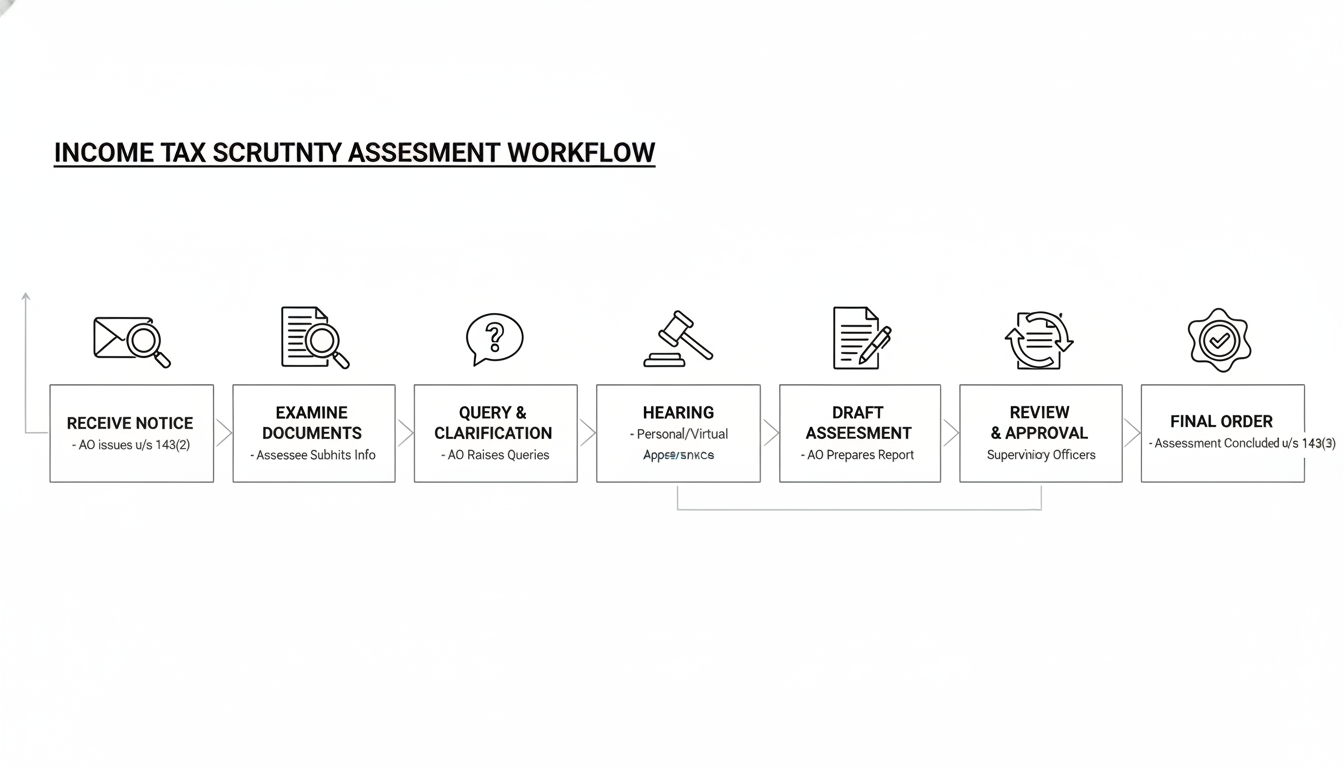 Income Tax Scrutiny Assessment - A professional minimalist flowchart showing the 7-step workflow of an income tax scrutiny assessment, from 'Receive Notice' to 'Final Order'. Each step should have a simple icon.