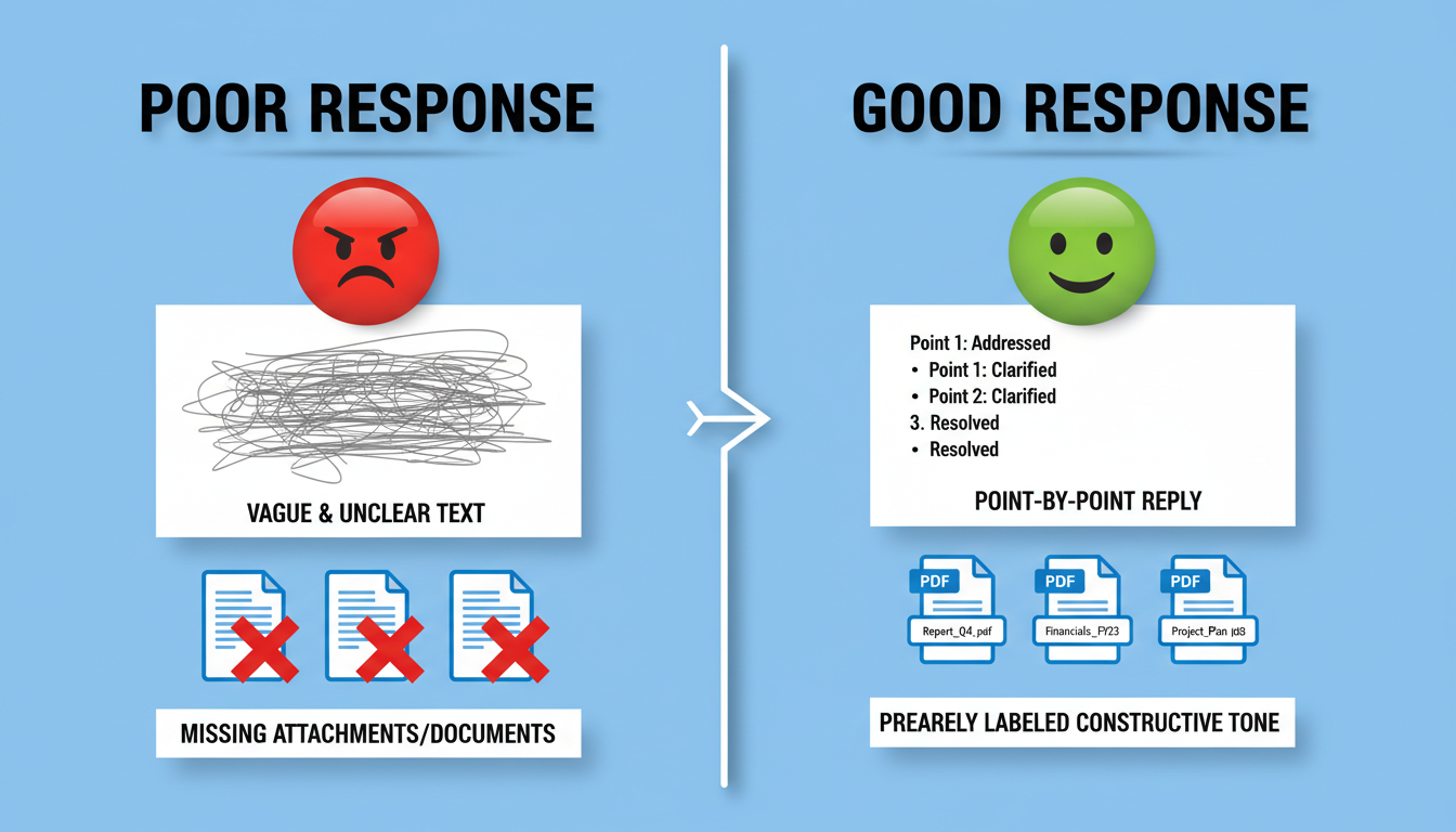 Income Tax Scrutiny Assessment - An educational infographic comparing a 'Poor Response' vs. a 'Good Response'. The poor side shows vague text, missing documents, and an angry emoji. The good side shows a point-by-point reply, neatly labeled PDF icons, and a professional tone.
