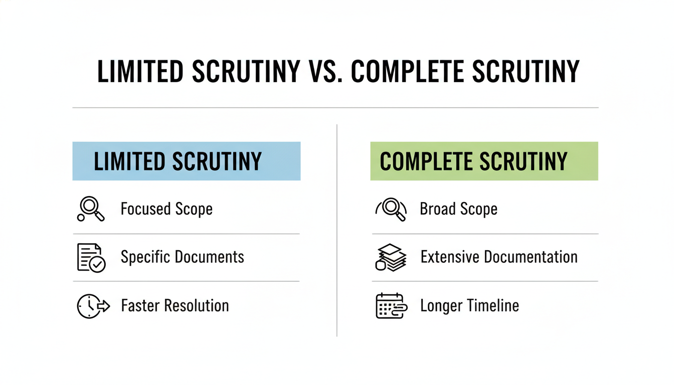 Income Tax Scrutiny Assessment - A clean, modern comparison chart graphic titled 'Limited Scrutiny vs. Complete Scrutiny' with two columns. Column 1 (Limited) has icons for 'Focused Scope', 'Specific Documents', 'Faster Resolution'. Column 2 (Complete) has icons for 'Broad Scope', 'Extensive Documentation', 'Longer Timeline'.