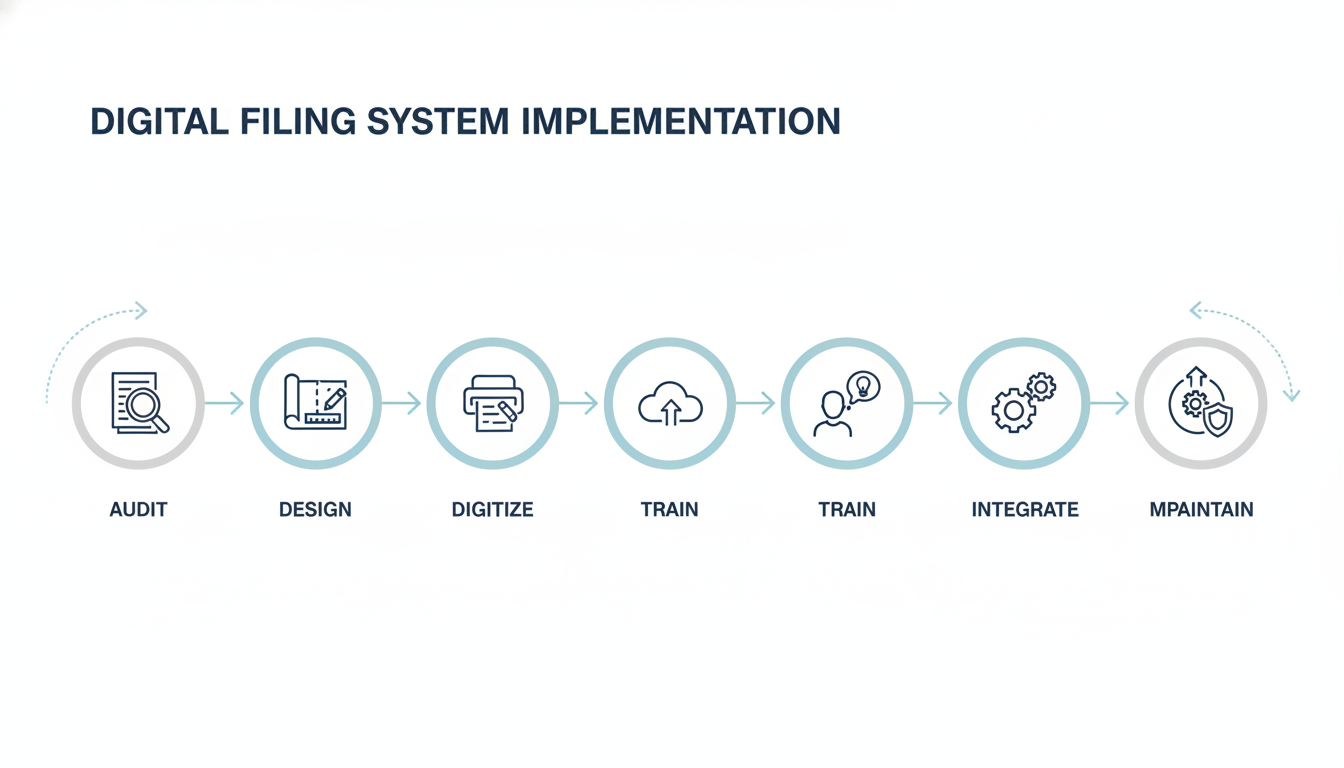 digital filing system - A minimalist flowchart diagram illustrating the 7 steps of implementing a digital filing system, with icons for each step: Audit, Design, Digitize, Train, Integrate, Maintain, and Optimize.