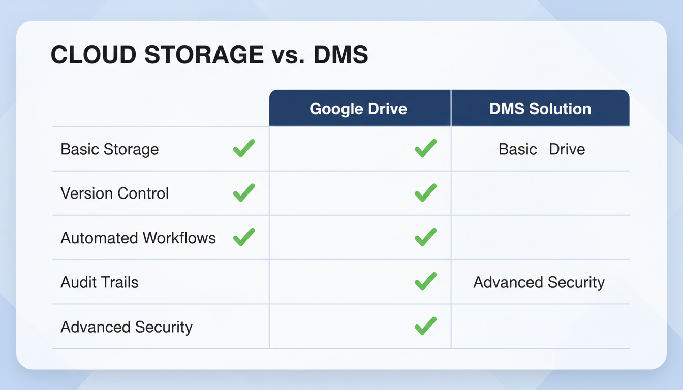 digital filing system - A clean, modern comparison chart graphic titled "Cloud Storage vs. DMS" with checkmarks showing features like 'Basic Storage', 'Version Control', 'Automated Workflows', 'Audit Trails', and 'Advanced Security' for Google Drive, Dropbox, and a generic 'DMS Solution'.