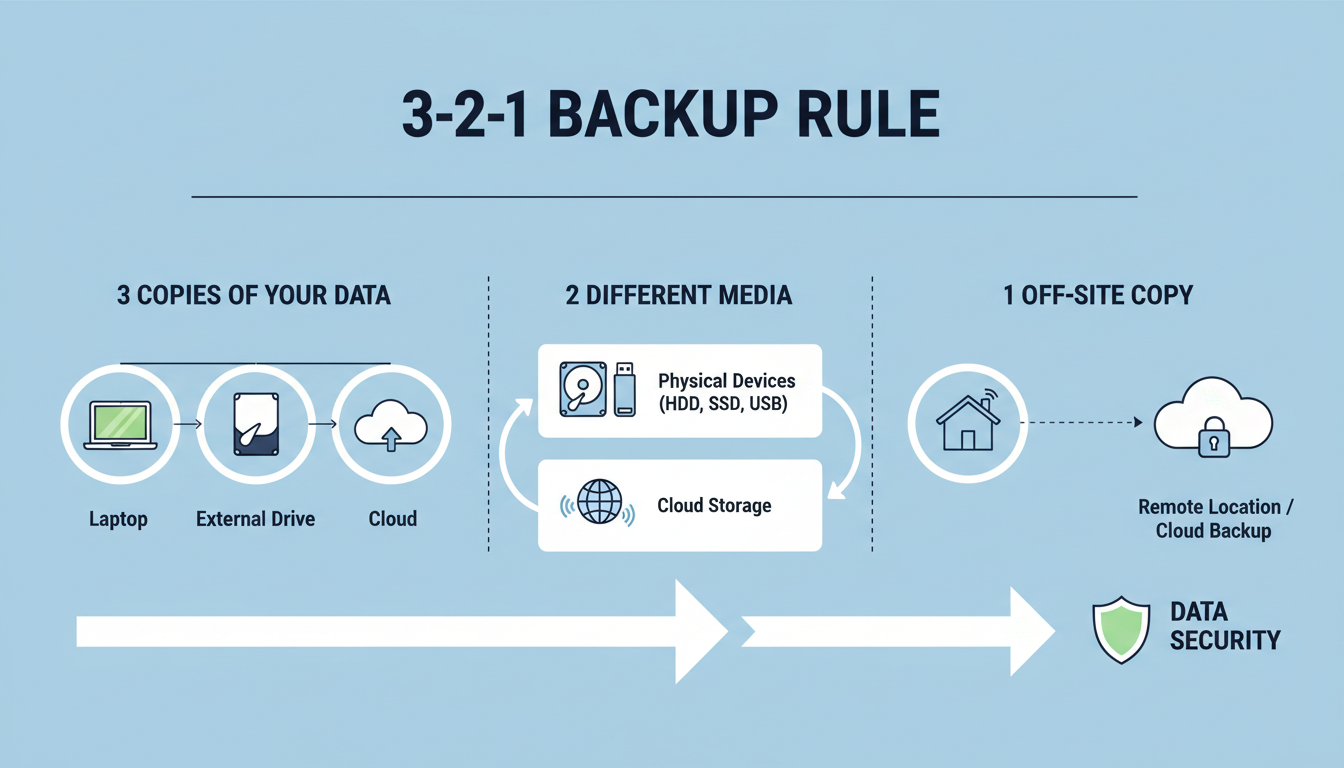 digital filing system - A simple, clean infographic visually explaining the 3-2-1 Backup Rule: 3 copies of data (on a laptop, an external drive, and a cloud icon), 2 different media, 1 off-site.