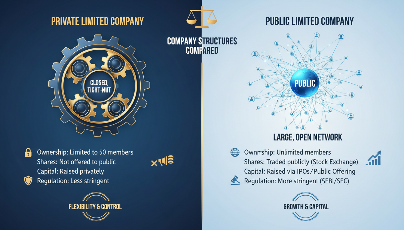 difference between private limited company and public limited company - Detailed infographic visually comparing a Private Limited Company (depicted as a closed, tight-knit gear system) and a Public Limited Company (depicted as a large, open network connected to the public) with key stats for each.
