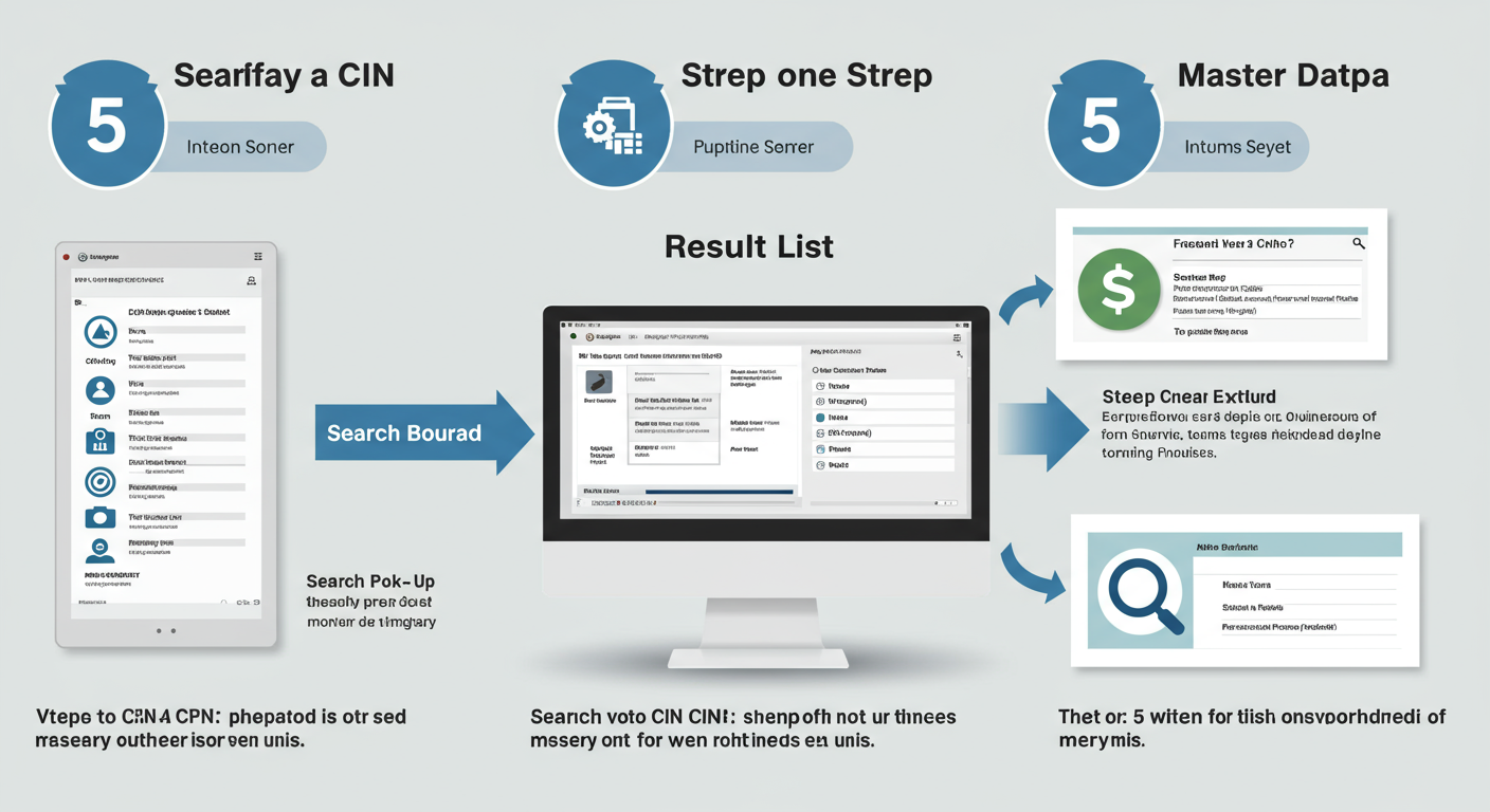 CIN Certificate - Step-by-step diagram showing the 5 steps to verify a CIN on the MCA portal, with screenshots of each stage: the search button, the search pop-up, the results list, and the final master data page.
