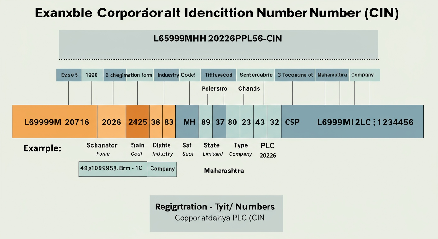 CIN Certificate - Educational infographic breaking down the 21-digit CIN number with color-coded sections and clear labels for each part, using the example L65999MH2026PLC123456.