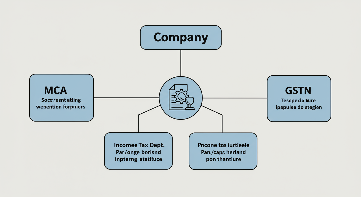 CIN Certificate - A professional minimalist flowchart showing a central company icon branching out to four boxes: MCA (with CIN), Income Tax Dept (with PAN/TAN), and GSTN (with GSTIN), each with a one-sentence description of its purpose.