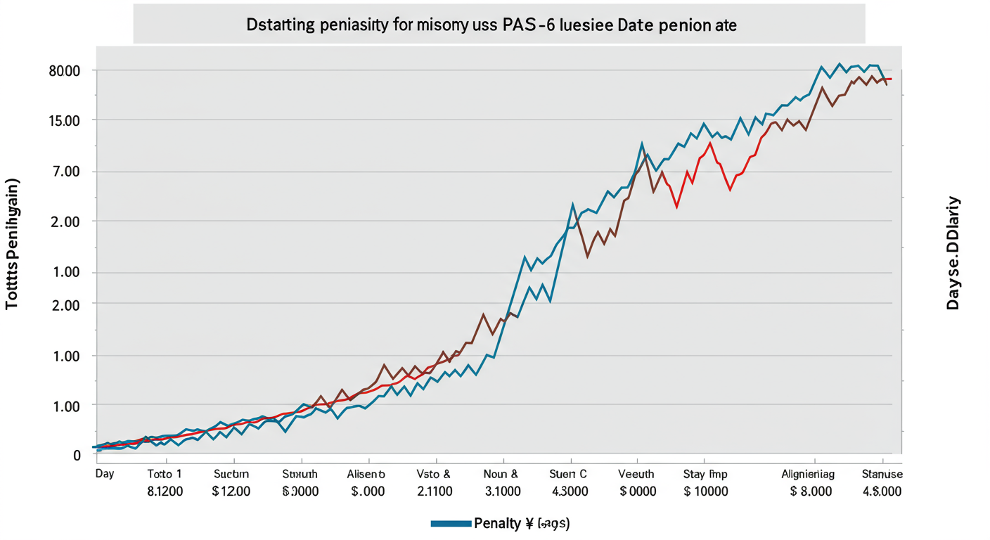 PAS 6 due date - Data trend graph showing the escalating penalty for missing the PAS-6 due date. The Y-axis is 'Total Penalty in ₹' and the X-axis is 'Days of Delay'. The line starts at ₹10,000 on Day 1 and climbs steeply.