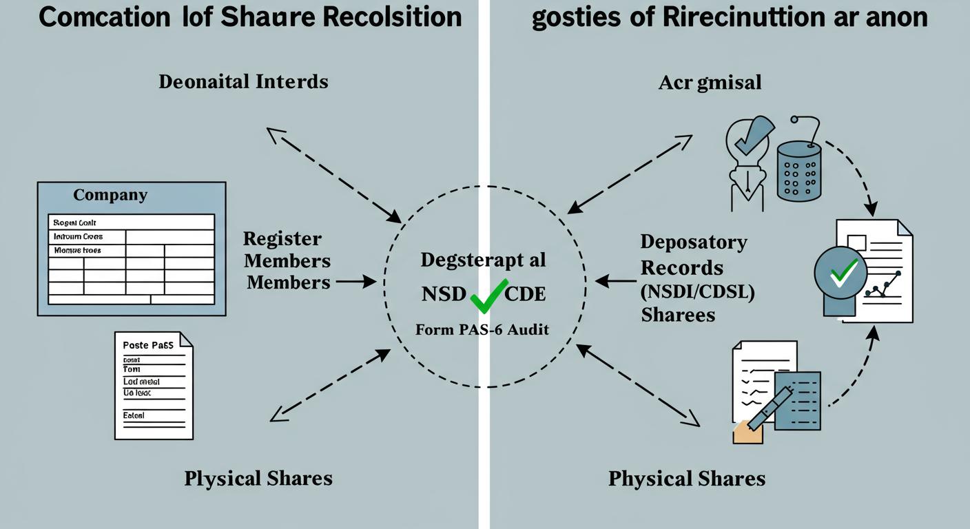 PAS 6 due date - Educational infographic explaining the concept of share capital reconciliation. Left side shows a company's internal 'Register of Members'. Right side shows 'Depository Records (NSDL/CDSL)' and 'Physical Shares'. Arrows point from both to a central icon labeled 'Form PAS-6 Audit', with a green checkmark indicating they match.