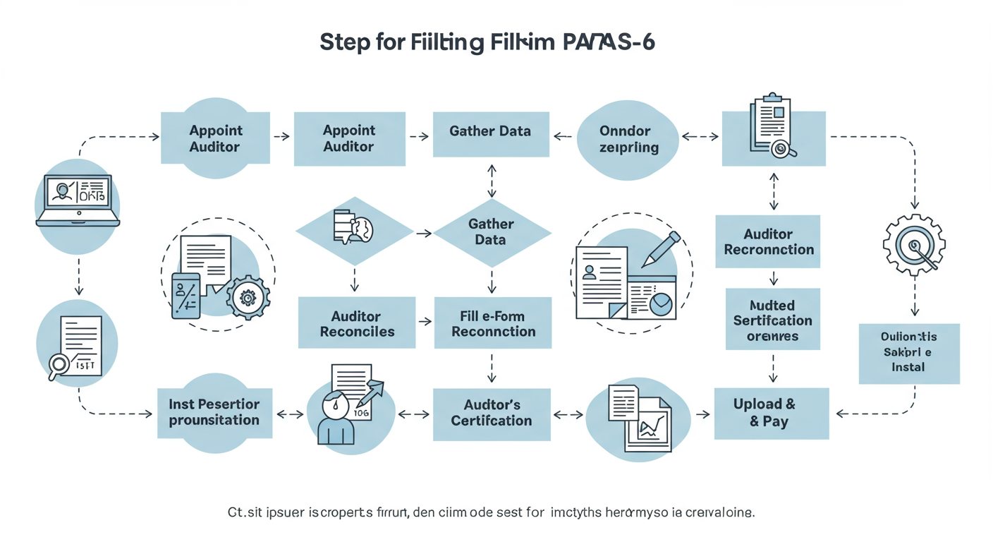 PAS 6 due date - Professional minimalist flowchart showing the 7-step workflow for filing Form PAS-6. Steps are: 1. Appoint Auditor, 2. Gather Data, 3. Auditor Reconciles, 4. Fill e-Form, 5. Director's DSC, 6. Auditor's Certification, 7. Upload & Pay.