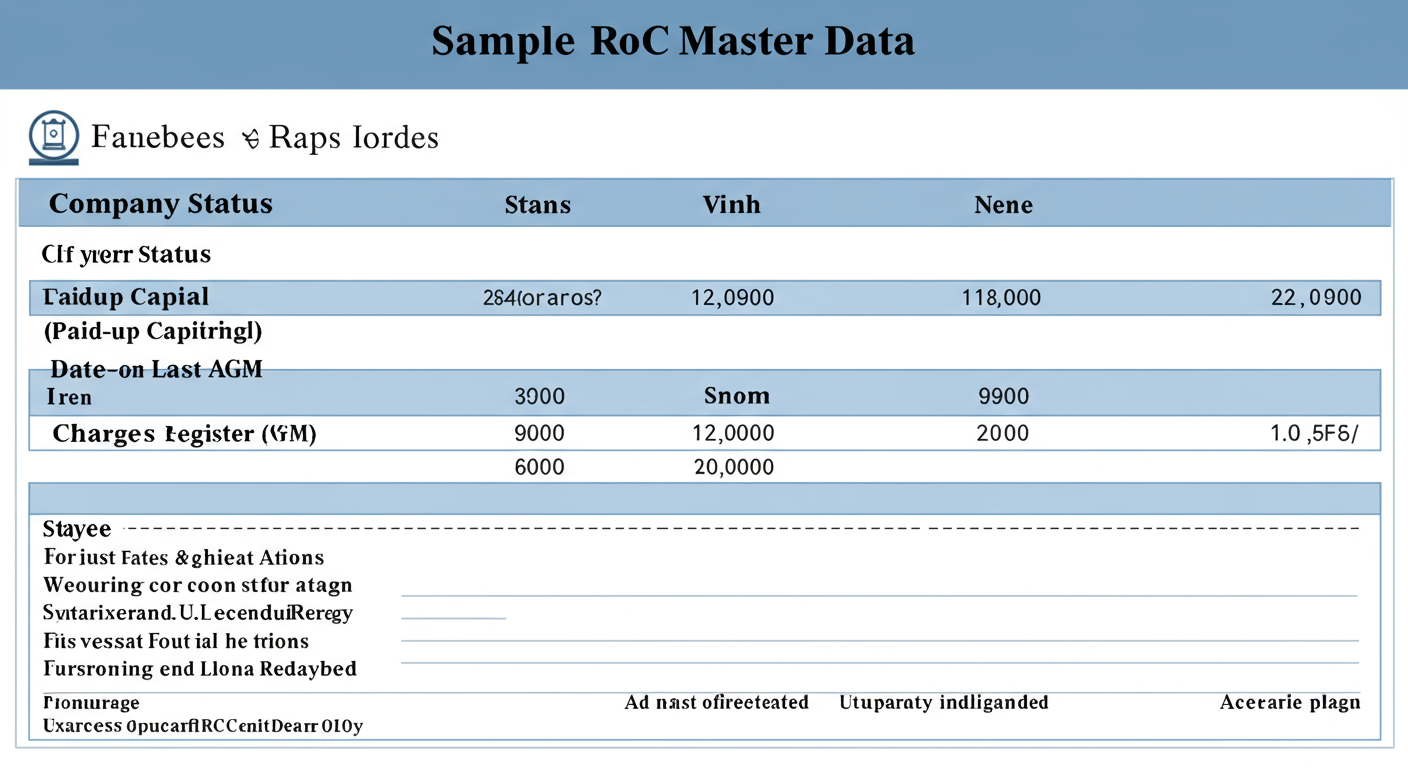 RoC Master Data - An annotated screenshot of a sample RoC Master Data report. Use callout boxes to highlight and explain key fields like 'Company Status', 'Paid-up Capital', 'Date of Last AGM', and the 'Charges Registered' section.