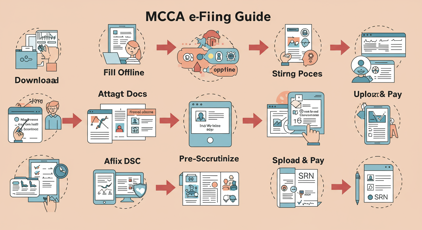 MGT full form - A 7-step visual guide as a numbered infographic showing the MCA e-filing process: 1. Download Form, 2. Fill Offline, 3. Attach Docs, 4. Affix DSC, 5. Pre-scrutinize, 6. Upload & Pay, 7. Save SRN.