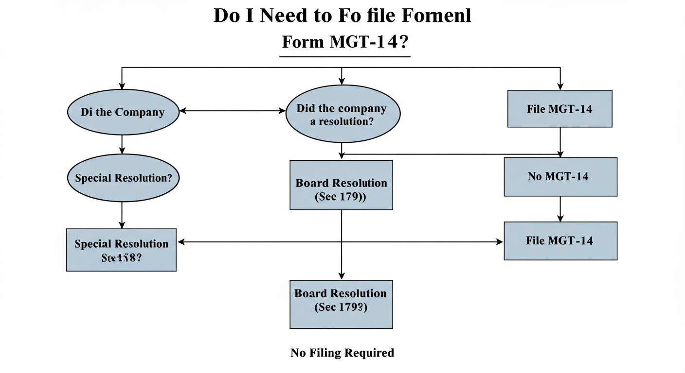 MGT full form - A clean, minimalist flowchart titled 'Do I Need to File Form MGT-14?' starting with 'Did the company pass a resolution?' and branching to 'Special Resolution?', 'Board Resolution (Sec 179)?', etc., leading to 'File MGT-14' or 'No Filing Required'.
