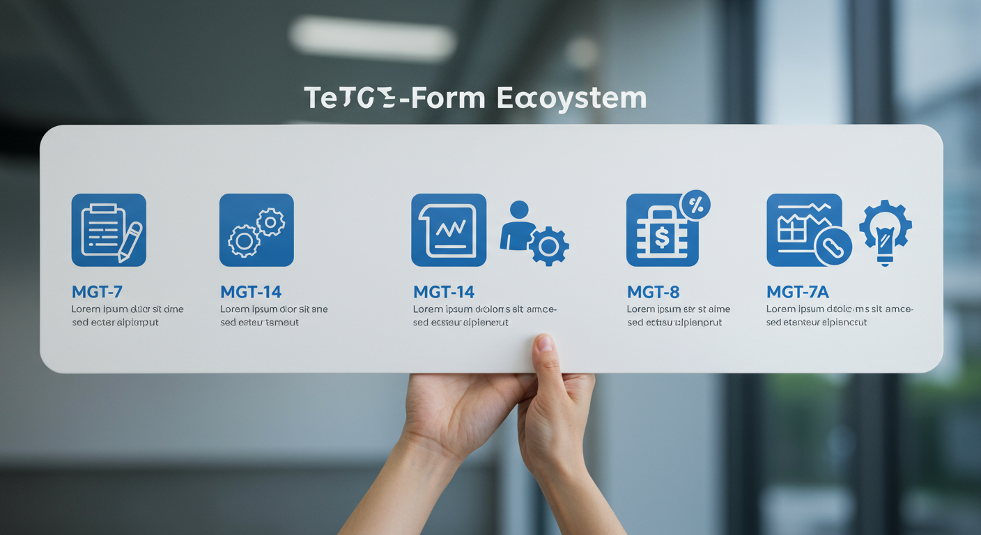 MGT full form - Professional infographic titled 'The MGT E-Form Ecosystem' showing icons for MGT-7, MGT-14, MGT-8, and MGT-7A with a one-sentence description for each, set against a clean, modern background.