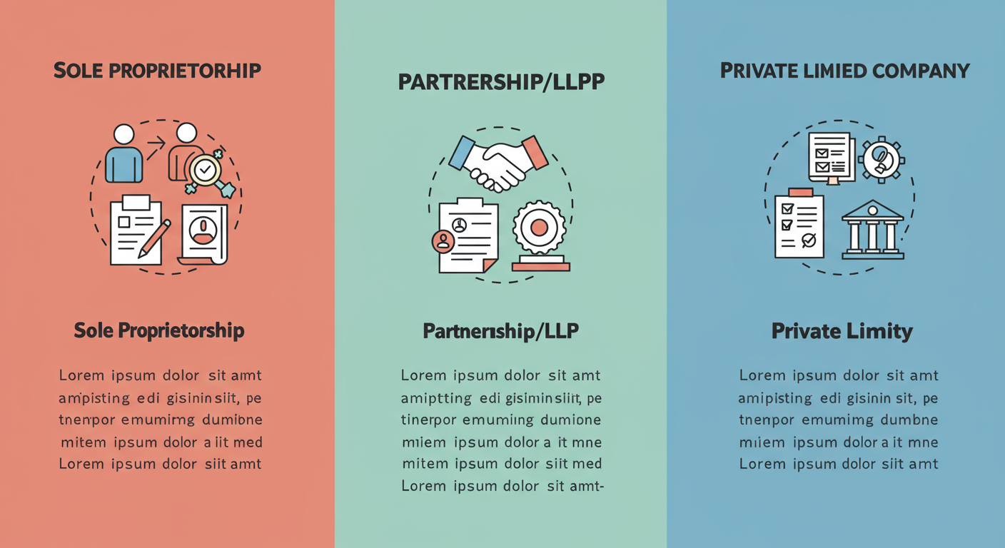 GST number kaise le - A clean, professional infographic visually comparing the required documents for Sole Proprietorship, Partnership/LLP, and Private Limited Company side-by-side with clear icons.
