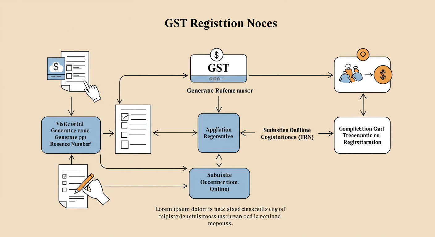 GST number kaise le - A minimalist flowchart diagram illustrating the GST registration process, from visiting the portal and generating a TRN to submitting the application and receiving the ARN.