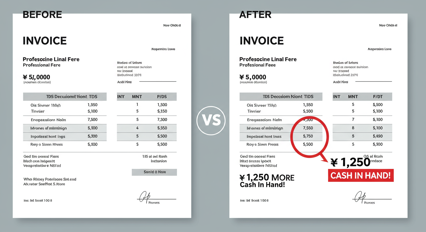TDS rates for FY 2020-21 - A high-quality graphic comparing two invoices side-by-side for a ₹50,000 professional fee. The 'Before' invoice shows a 10% TDS deduction of ₹5,000. The 'After' invoice shows a 7.5% TDS deduction of ₹3,750, with a highlighted box showing '₹1,250 More Cash In Hand!'