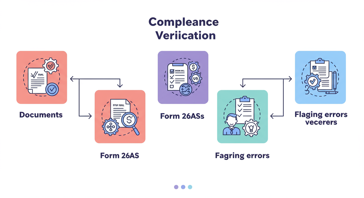 TDS rates for FY 2020-21 - A clean, professional flowchart diagram illustrating the 4-step compliance verification process. Each step is in a box connected by arrows, with simple icons for 'documents', 'Form 26AS', 'reconciliation', and 'flagging errors'.