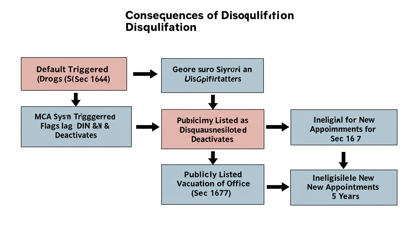 director disqualification - A professional flowchart titled "Consequences of Director Disqualification". It starts with a box "Default Triggered (Sec 164)". An arrow points to "MCA System Flags DIN & Deactivates". From there, three arrows point to separate boxes: "Publicly Listed as Disqualified", "Automatic Vacation of Office (Sec 167)", and "Ineligible for New Appointments for 5 Years".