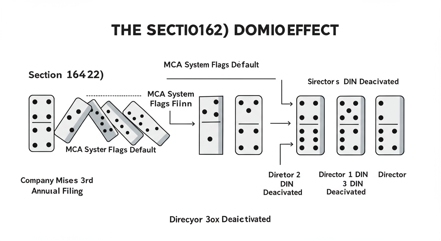 director disqualification - A clean, modern infographic titled "The Section 164(2) Domino Effect". It shows a domino labeled "Company Misses 3rd Annual Filing" tipping over, which then hits a domino labeled "MCA System Flags Default", which then hits a row of dominoes labeled "Director 1 DIN Deactivated", "Director 2 DIN Deactivated", "Director 3 DIN Deactivated".