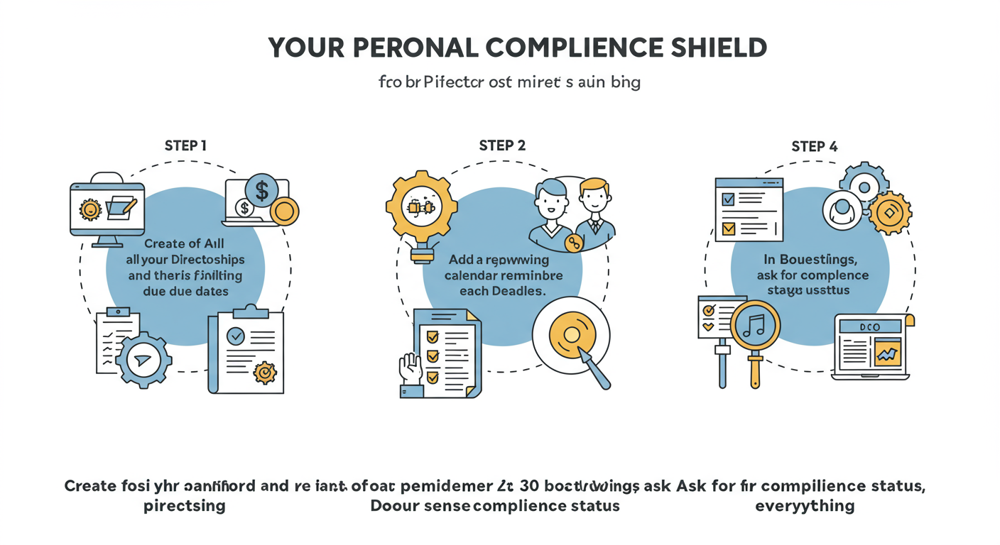 director disqualification - A step-by-step diagram for directors titled "Your Personal Compliance Shield". Step 1: Create a dashboard of all your directorships and their filing due dates. Step 2: Add a recurring calendar reminder 30 days before each deadline. Step 3: In board meetings, ask for compliance status. Step 4: Document everything.