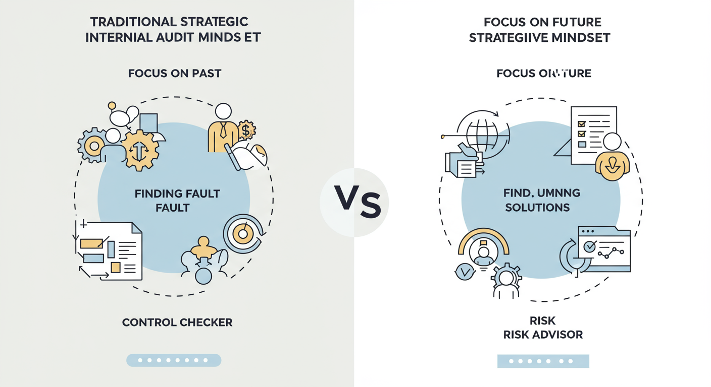 internal auditor qualities - A detailed comparison chart graphic titled 'Traditional vs. Strategic Internal Audit Mindset'. Left side shows 'Focus on past', 'Finding fault', 'Control checker'. Right side shows 'Focus on future', 'Finding solutions', 'Risk advisor'.