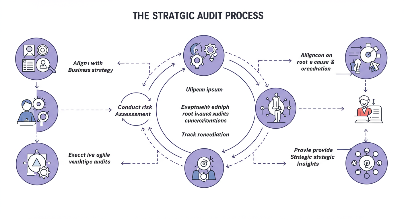 internal auditor qualities - A professional minimalist flowchart showing 'The Strategic Audit Process'. Steps are: 1. Align with Business Strategy, 2. Conduct Risk Assessment, 3. Execute Agile Audits, 4. Report on Root Cause & Impact, 5. Track Remediation, 6. Provide Strategic Insights.