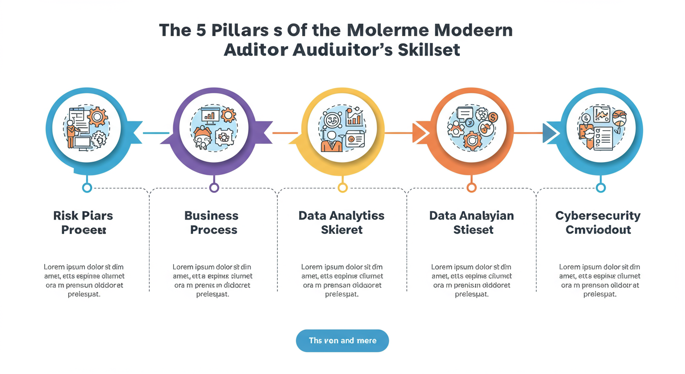 internal auditor qualities - Professional infographic titled 'The 5 Pillars of the Modern Internal Auditor's Skillset', with icons for Risk Management, Business Process, Data Analytics, Financial Acumen, and Cybersecurity.