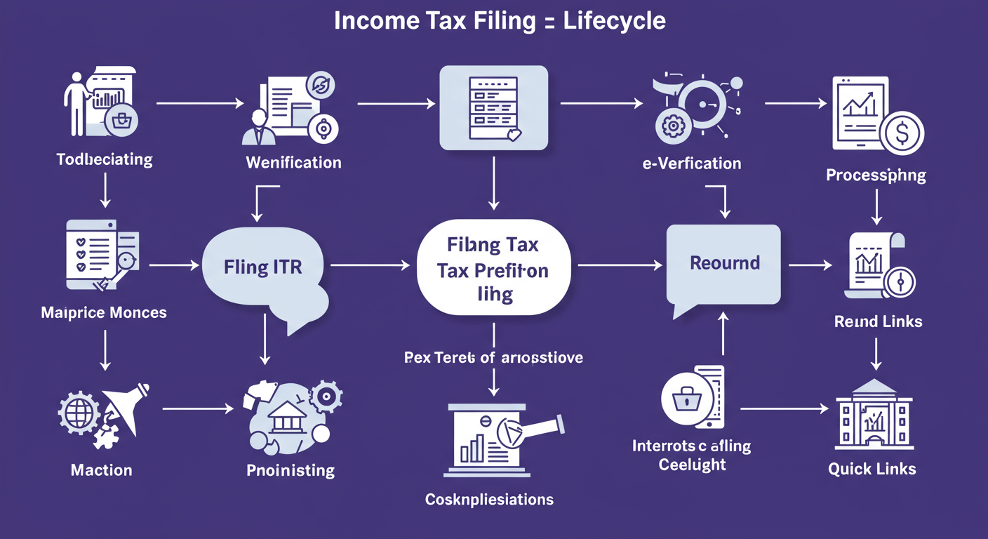 E filing portal quick links - professional minimalist flowchart showing the Indian income tax filing lifecycle, highlighting key stages like 'Filing ITR', 'e-Verification', 'Processing', and 'Refund', with icons indicating where specific e-filing quick links are used.