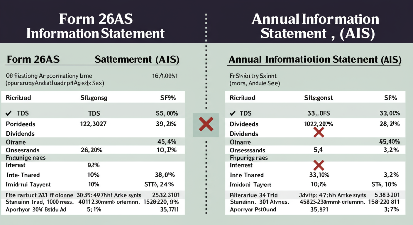 E filing portal quick links - high-quality graphic comparing Form 26AS and Annual Information Statement (AIS) side-by-side, using checkmarks and crosses to show which data points (TDS, SFT, Dividends, Interest) are included in each.