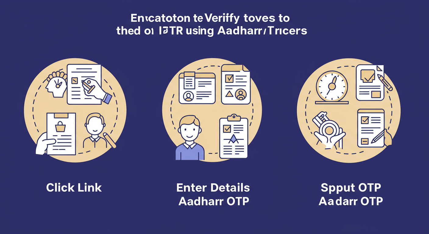 E filing portal quick links - educational infographic illustrating the 3-step process to e-Verify an ITR using Aadhaar OTP, with clear icons for each step: 1. Click Link, 2. Enter Details, 3. Input OTP.