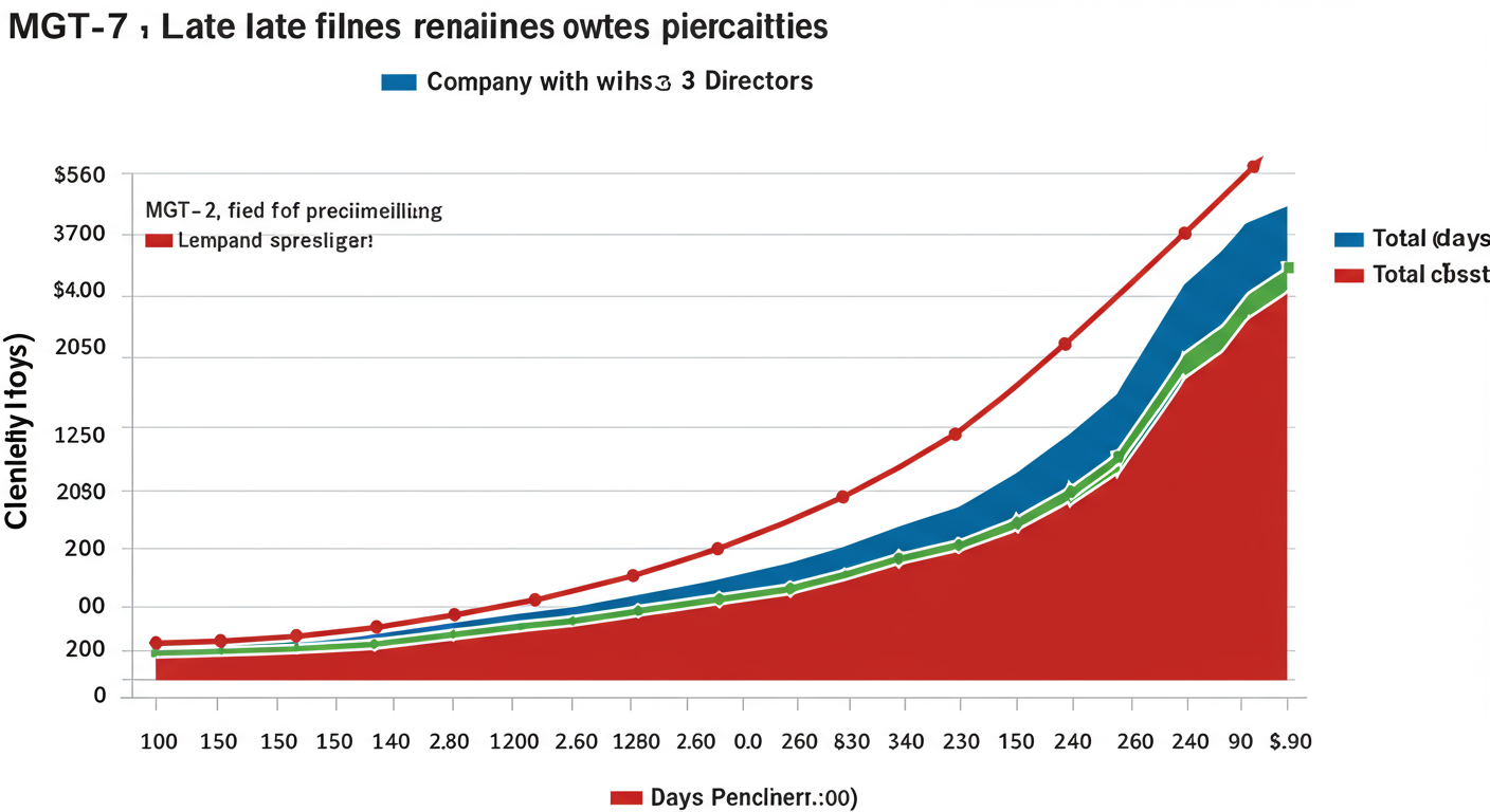 MGT 7 due date - A dramatic data trend graph showing the exponential growth of MGT-7 late filing penalties over 365 days for a company with 3 directors, highlighting the total cost.