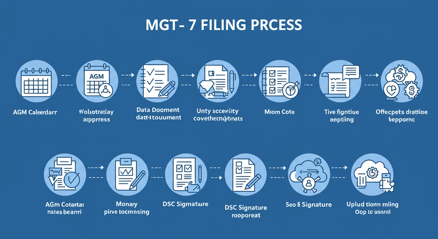 MGT 7 due date - A clean, step-by-step diagram illustrating the 8-step MGT-7 filing process, with icons for each stage like 'AGM calendar', 'data document', 'DSC signature', and 'upload to cloud'.
