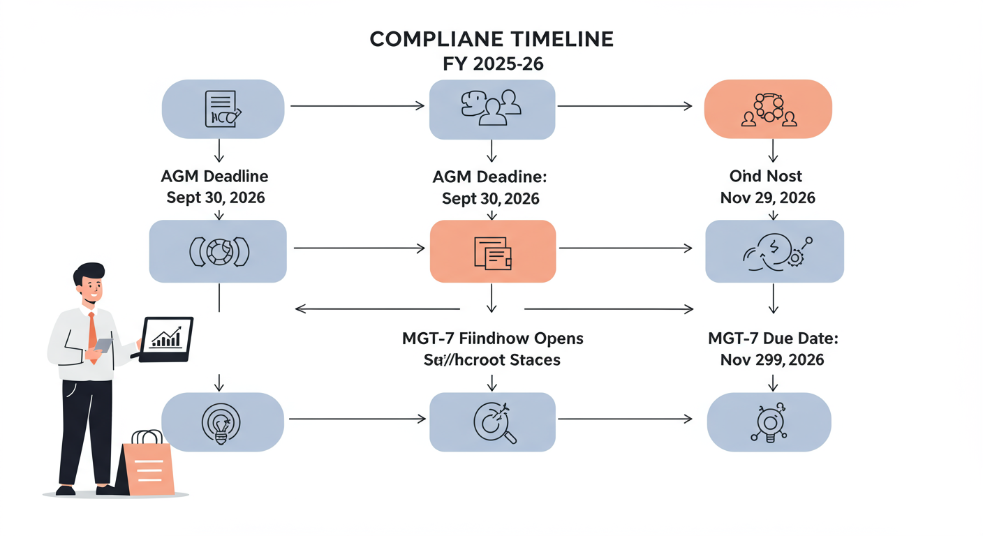 MGT 7 due date - Professional minimalist flowchart showing the compliance timeline for FY 2025-26. Start with 'FY Ends: March 31, 2026' -> 'AGM Deadline: Sept 30, 2026' -> 'MGT-7 Filing Window Opens' -> 'MGT-7 Due Date: Nov 29, 2026'.