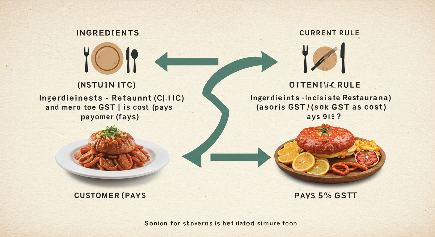 GST on restaurant food - educational infographic showing two paths. Path 1 (With ITC): Ingredients -> Restaurant (claims ITC) -> Customer (pays 18% GST). Path 2 (No ITC - Current Rule): Ingredients -> Restaurant (absorbs GST as cost) -> Customer (pays 5% GST). The second path should be highlighted as the standard for restaurants.