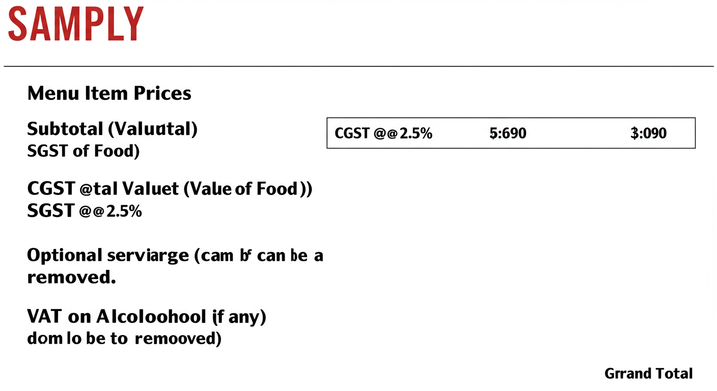 GST on restaurant food - A high-quality graphic of a sample restaurant bill. Each section is annotated with a callout box explaining what it is: 'Menu Item Prices', 'Subtotal (Value of Food)', 'CGST @ 2.5%', 'SGST @ 2.5%', 'Optional Service Charge (can be removed)', 'VAT on Alcohol (if any)', 'Grand Total'.