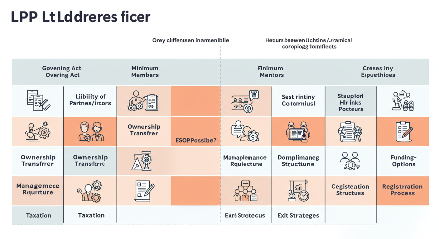 LLP vs Pvt Ltd - Detailed comparison table as a high-quality graphic, comparing LLP vs Pvt Ltd across 10+ parameters like 'Governing Act', 'Minimum Members', 'Ownership Transfer', 'ESOPs Possible?', 'Investor Preference'.