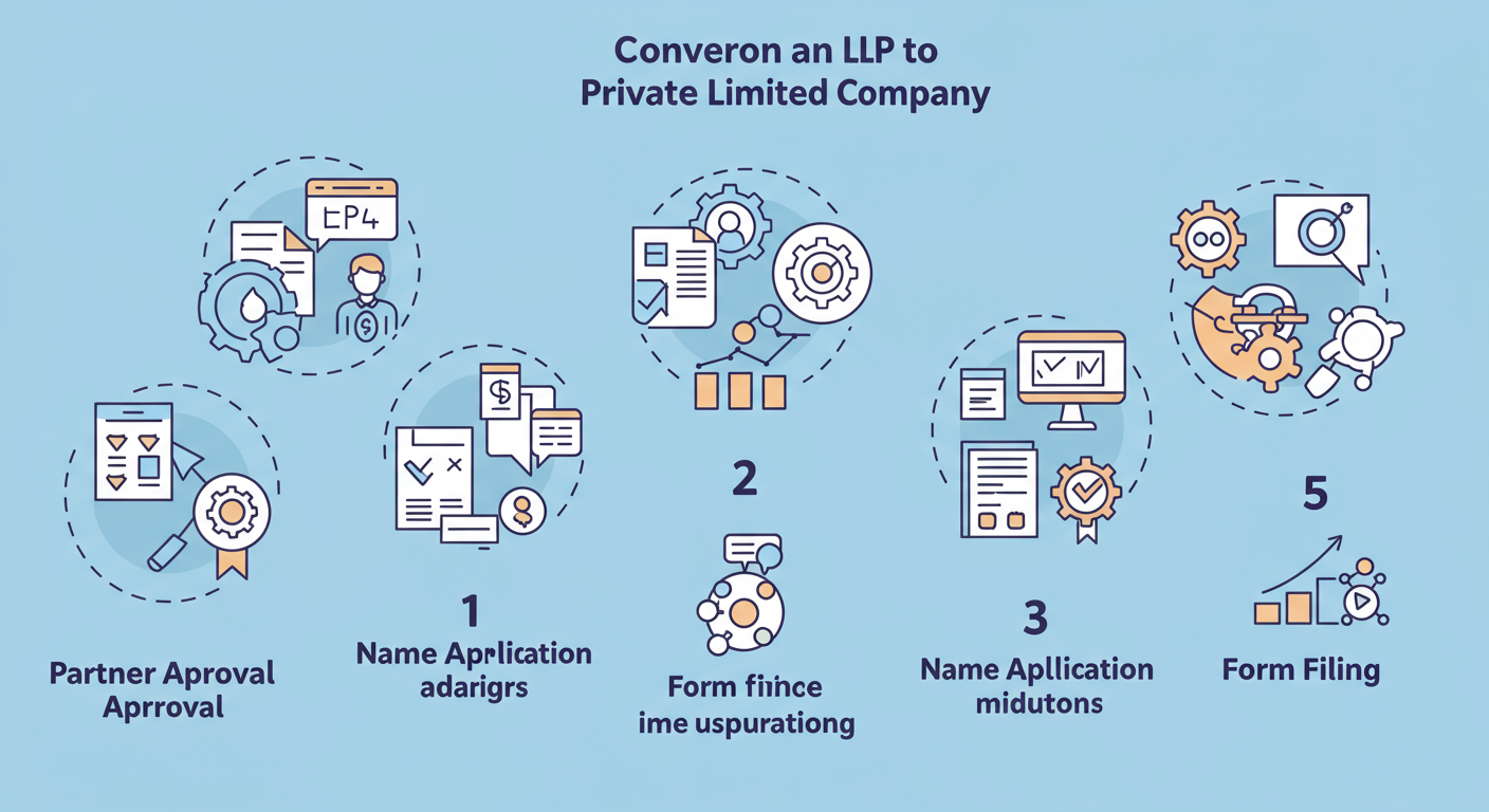 LLP vs Pvt Ltd - A step-by-step diagram illustrating the 5 key stages of converting an LLP to a Private Limited Company, with icons for each stage like 'Partner Approval', 'Name Application', 'Form Filing'.