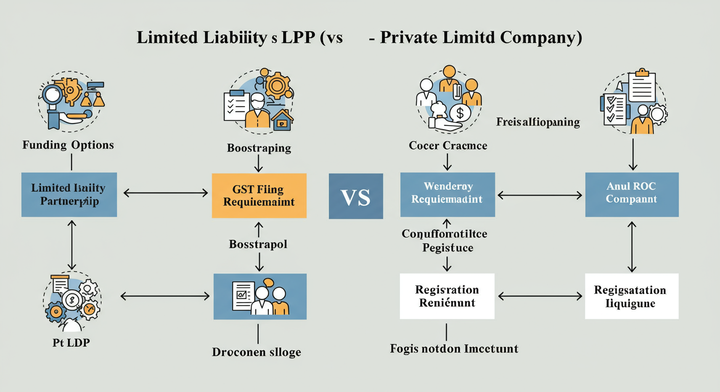 LLP vs Pvt Ltd - Professional minimalist flowchart showing the key decision points between choosing an LLP or a Pvt Ltd, with icons for funding, compliance, and cost.