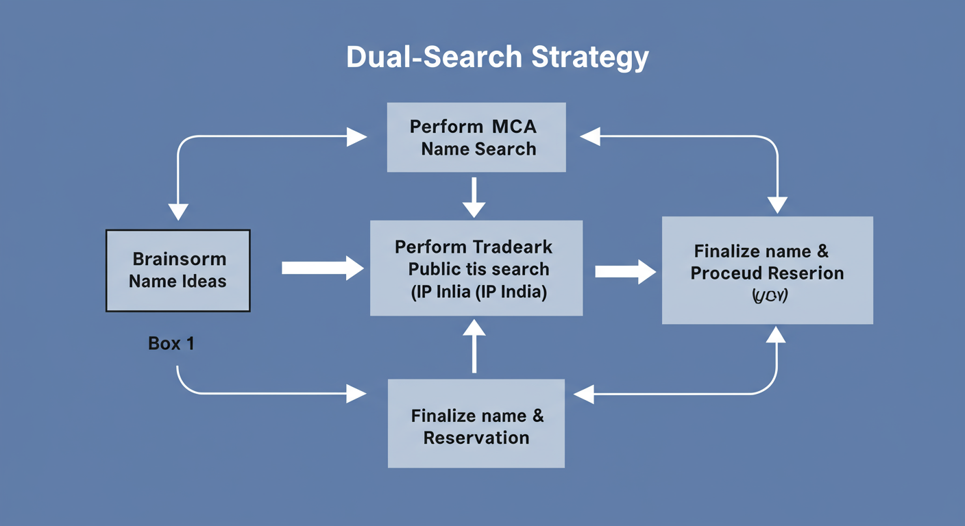 MCA name search - A professional minimalist flowchart showing the "Dual-Search Strategy". Box 1: "Brainstorm Name Ideas". Arrow to Box 2: "Perform MCA Name Search". Arrow to Box 3: "Perform Trademark Public Search (IP India)". If either fails, arrow points back to Box 1. If both pass, arrow points to Box 4: "Finalize Name & Proceed with Reservation".