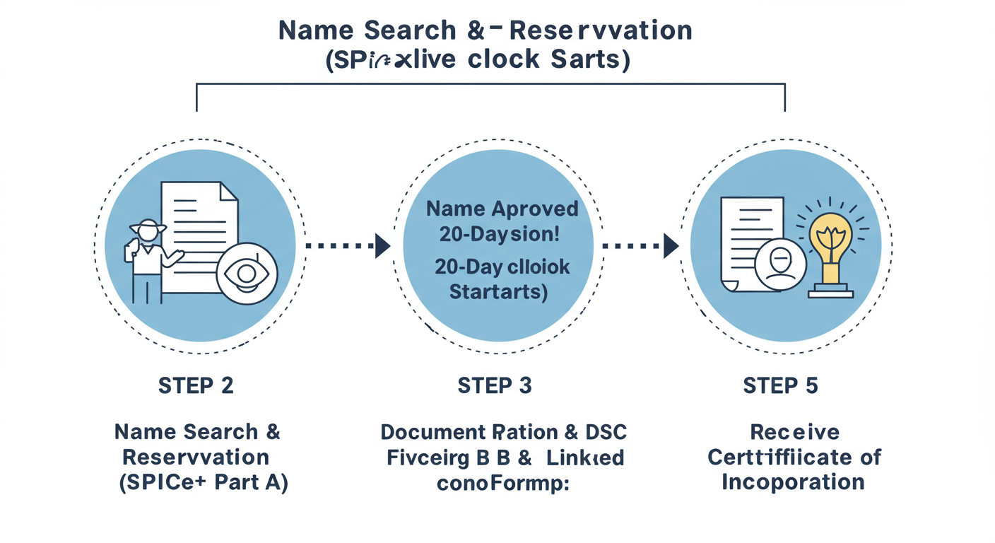 MCA name search - A simple, clean timeline infographic. Step 1: "Name Search & Reservation (SPICe+ Part A)". Arrow to Step 2: "Name Approved! (20-Day Clock Starts)". Arrow to Step 3: "Document Preparation & DSC". Arrow to Step 4: "File SPICe+ Part B & Linked Forms". Arrow to Step 5: "Receive Certificate of Incorporation".
