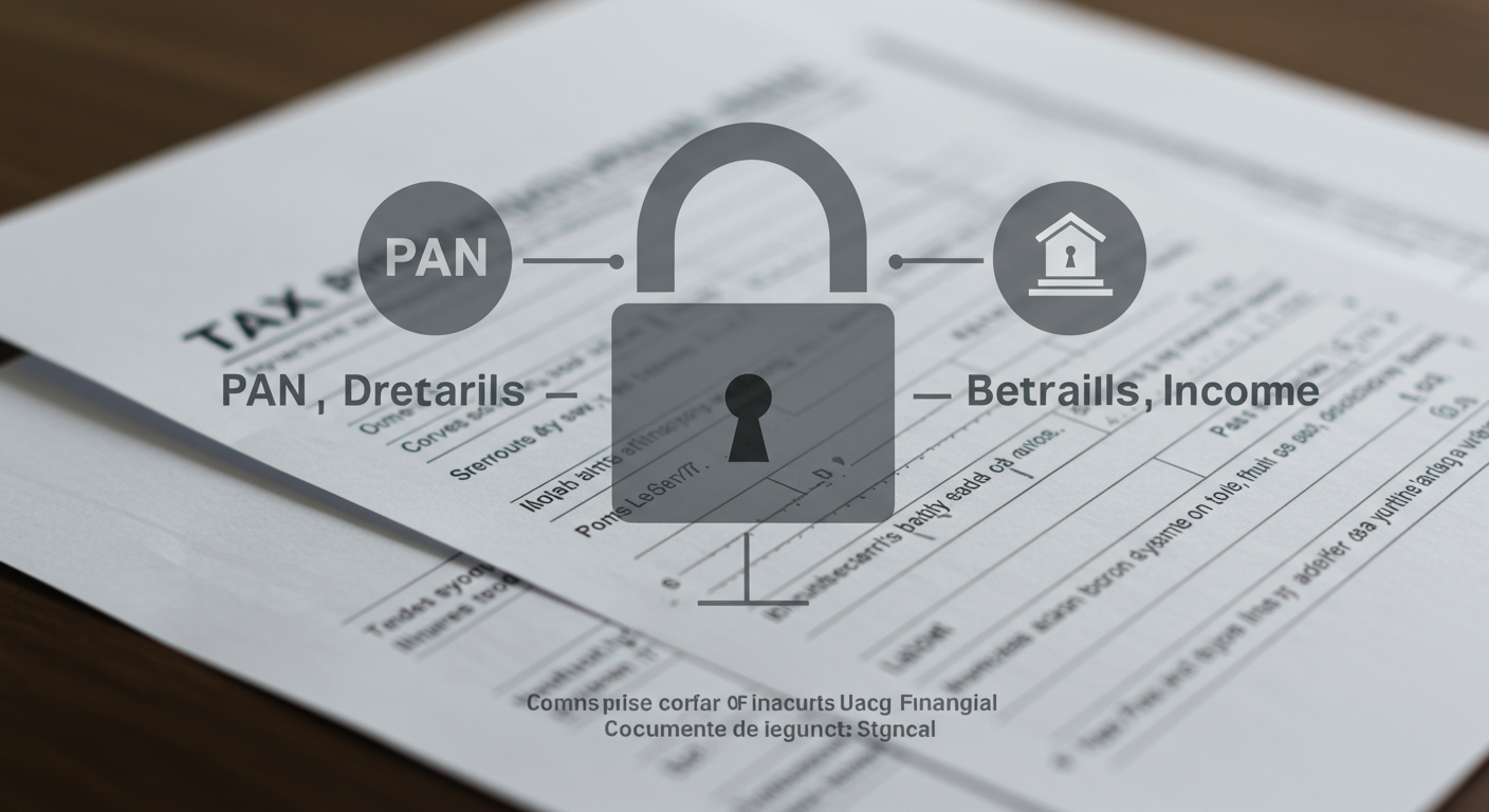 income tax intimation order password - Educational infographic about data privacy for financial documents. A large padlock graphic is superimposed over a blurred background showing a tax form. Icons for 'PAN', 'Bank Details', and 'Income' are shown being protected by the lock.