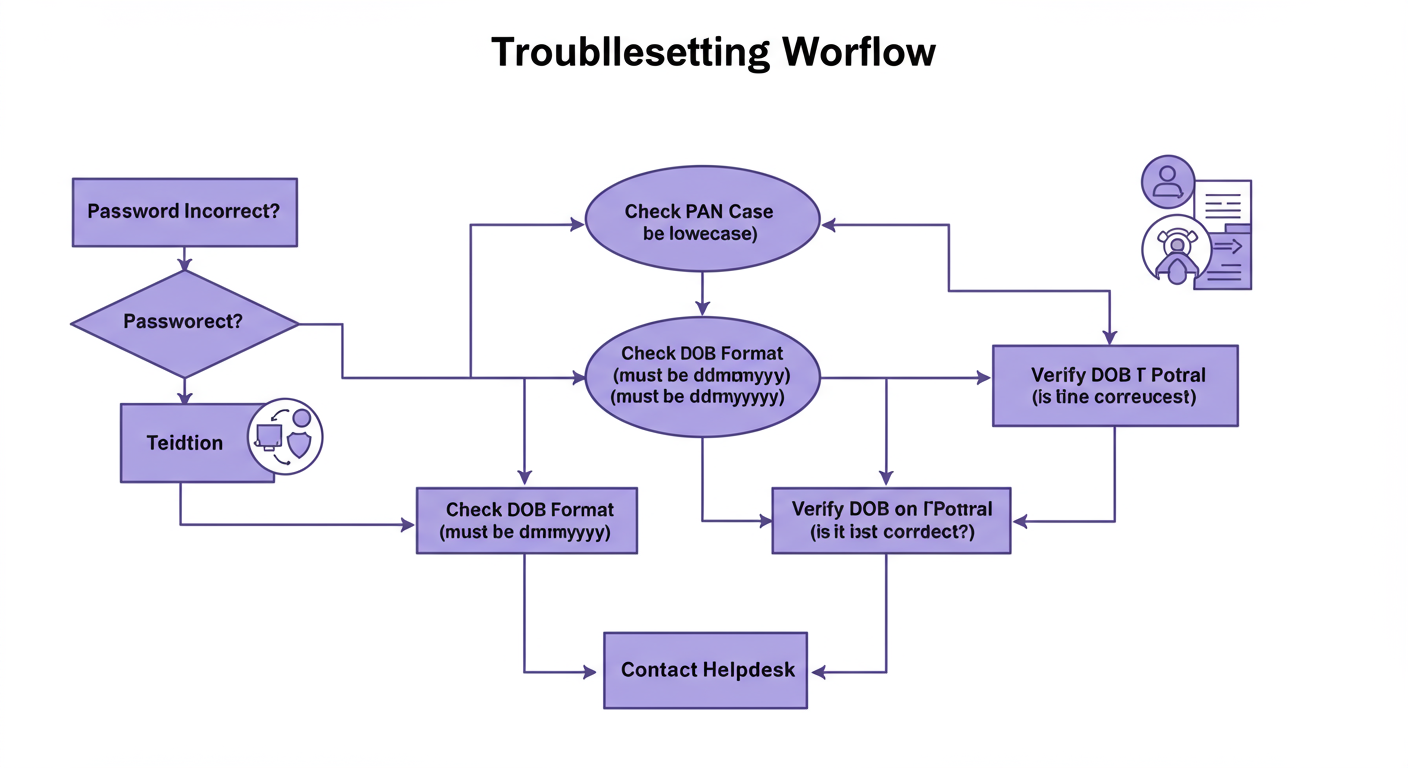 income tax intimation order password - Professional minimalist flowchart showing the troubleshooting workflow. Starts with "Password Incorrect?". Branches to "Check PAN Case (must be lowercase)", "Check DOB Format (must be ddmmyyyy)", "Verify DOB on IT Portal (is it correct?)", and finally "Contact Helpdesk".
