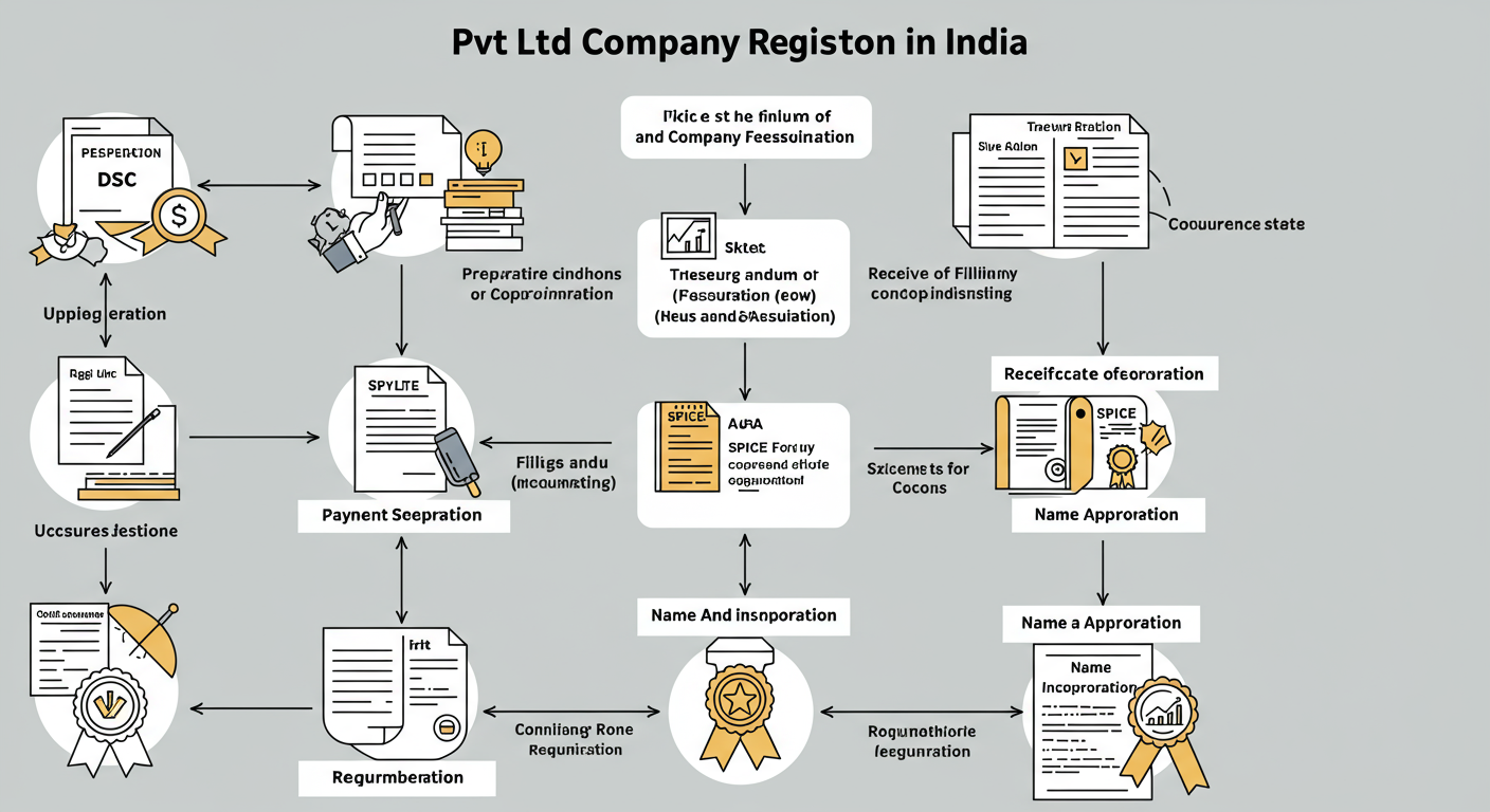 Pvt Ltd Company - A professional flowchart diagram illustrating the complete step-by-step Pvt Ltd company registration process in India, from DSC to receiving the Certificate of Incorporation.
