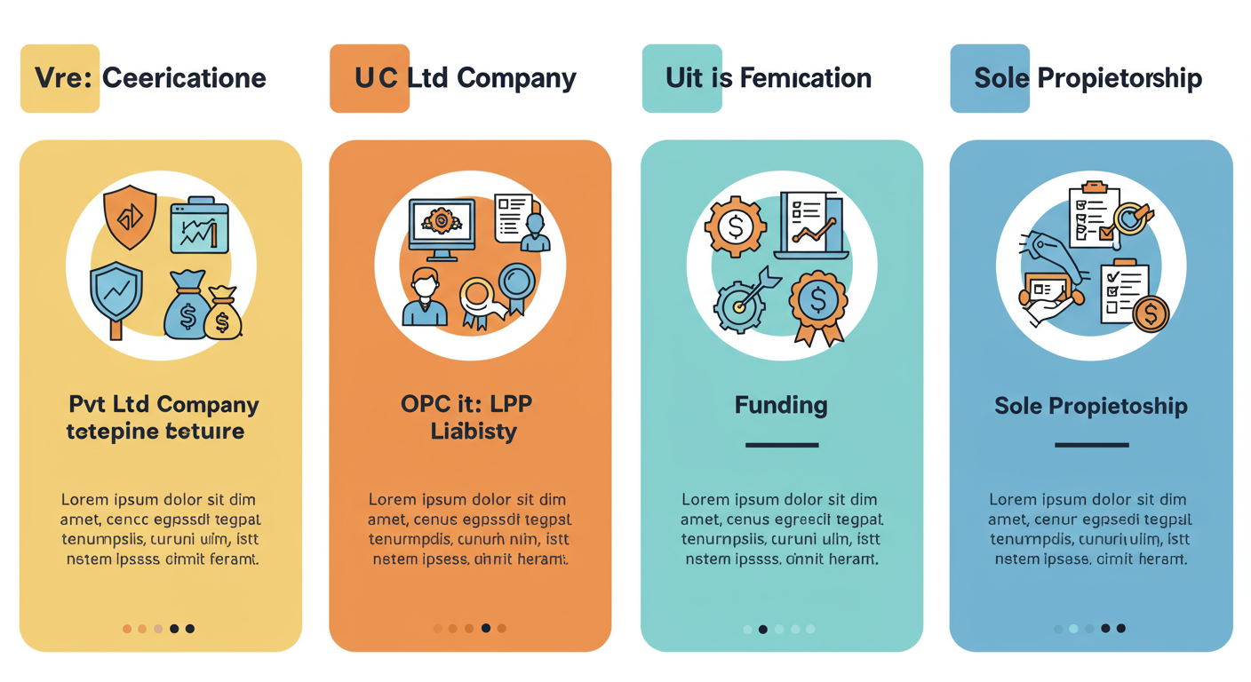Pvt Ltd Company - An educational infographic comparing the key features of a Pvt Ltd Company, LLP, OPC, and Sole Proprietorship, using icons for liability, funding, and compliance.