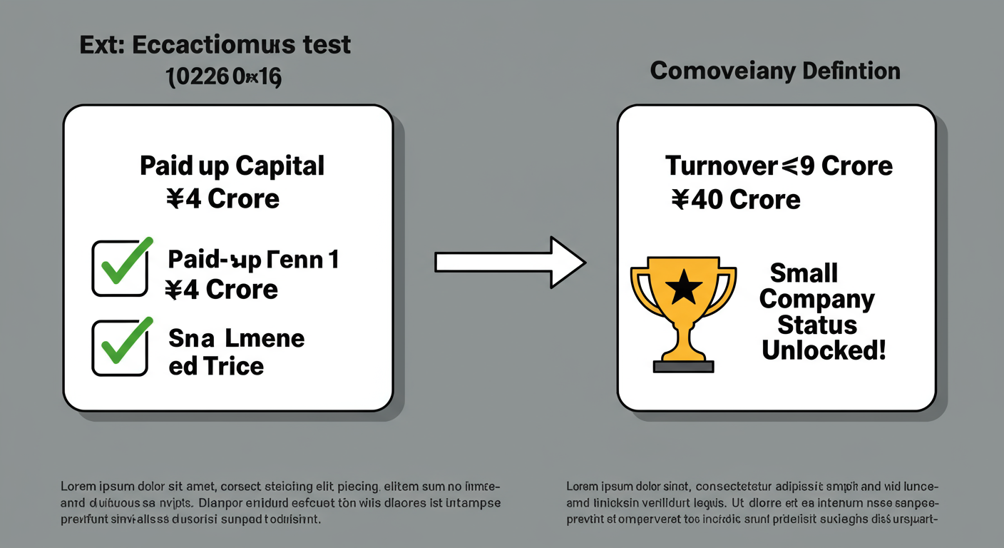 small company definition 2026 - Educational infographic showing the two-part litmus test for the 2026 small company definition: A box on the left for 'Paid-up Capital ≤ ₹4 Crore' with a green checkmark, and a box on the right for 'Turnover ≤ ₹40 Crore' with a green checkmark. A large, bold 'AND' symbol connects them, leading to a trophy icon labeled 'Small Company Status Unlocked!'